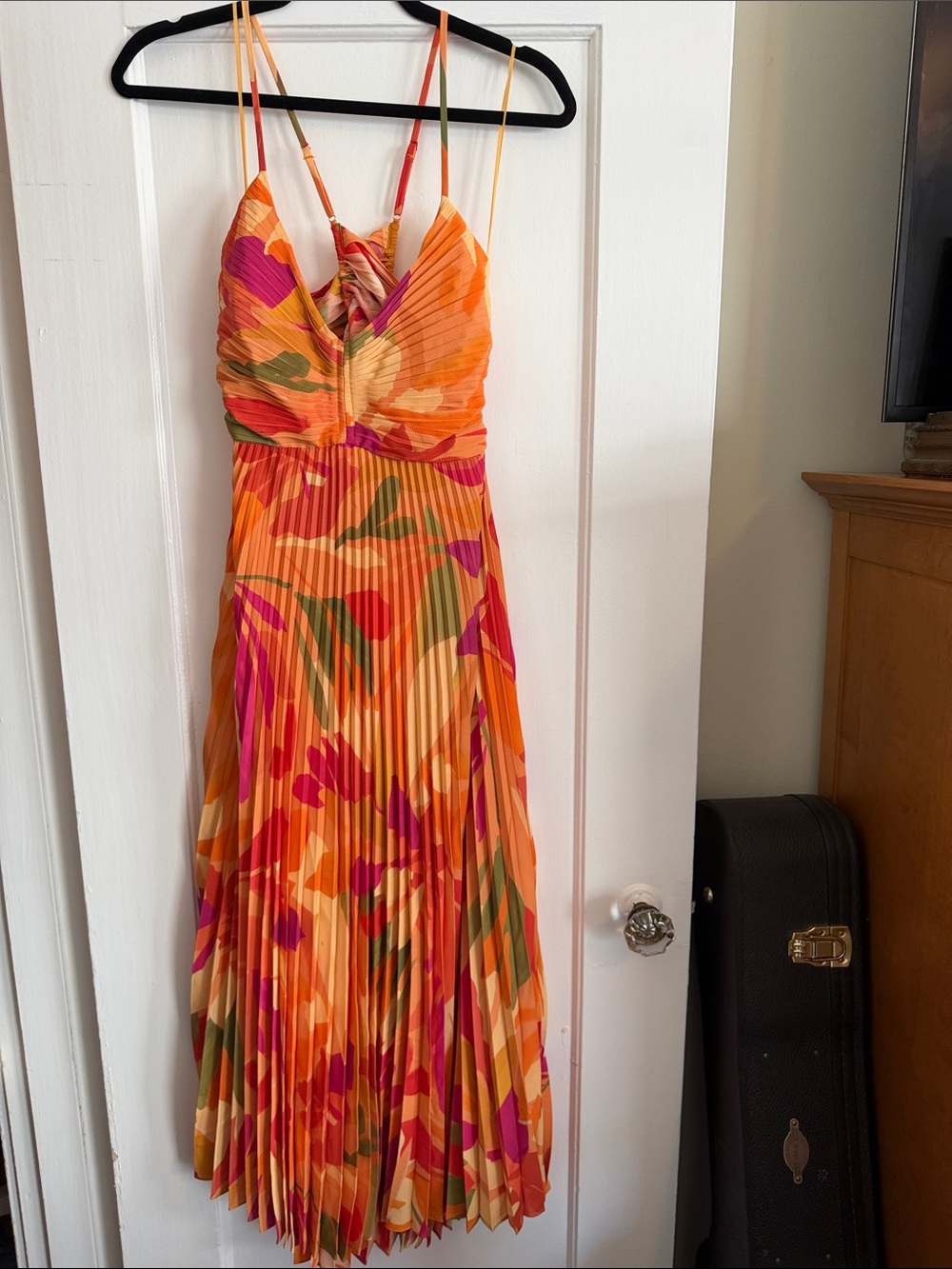 Astr Pleated Floral Midi Dress in Orange, Pink & Green - Picture 2 of 8